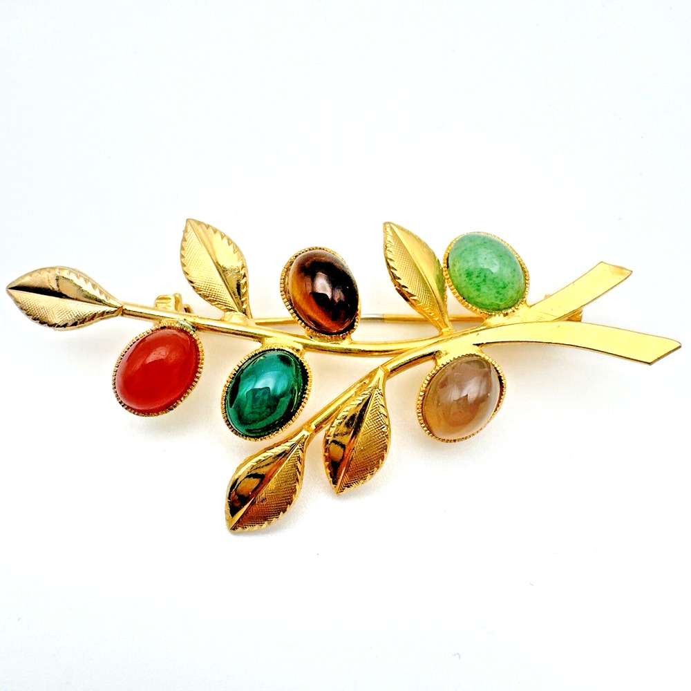 Gold Tone Multicolor Leaf Branch Brooch Pin Semi Precious Gemstones 2.25" Retro